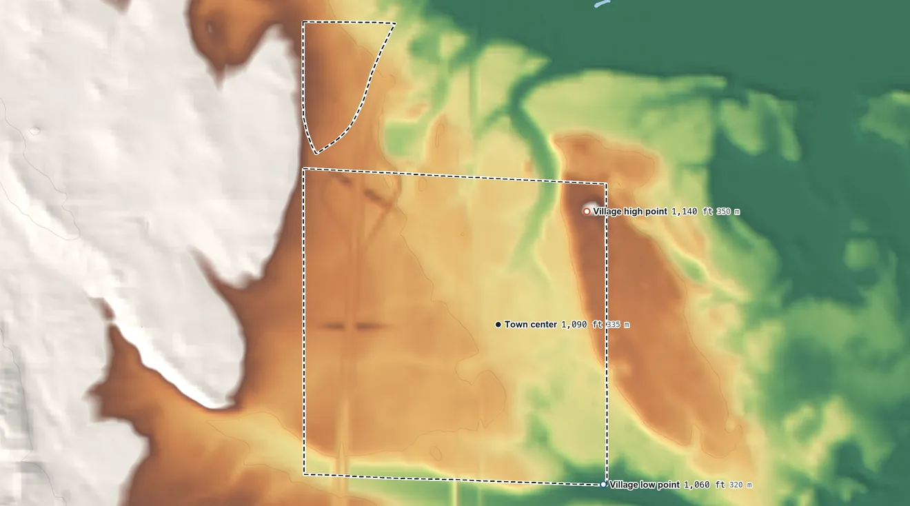 Topographic elevation map of Vanderbilt, Michigan, shaded from 1,060 ft on the southeast side to 1,140 ft on the northeast side