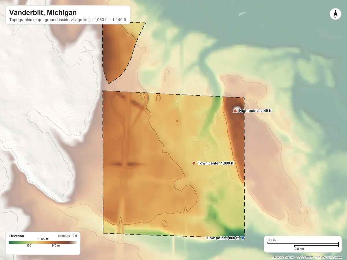 Topographic elevation map of Vanderbilt, Michigan, shaded from 1,060 ft on the southeast side to 1,140 ft on the northeast side