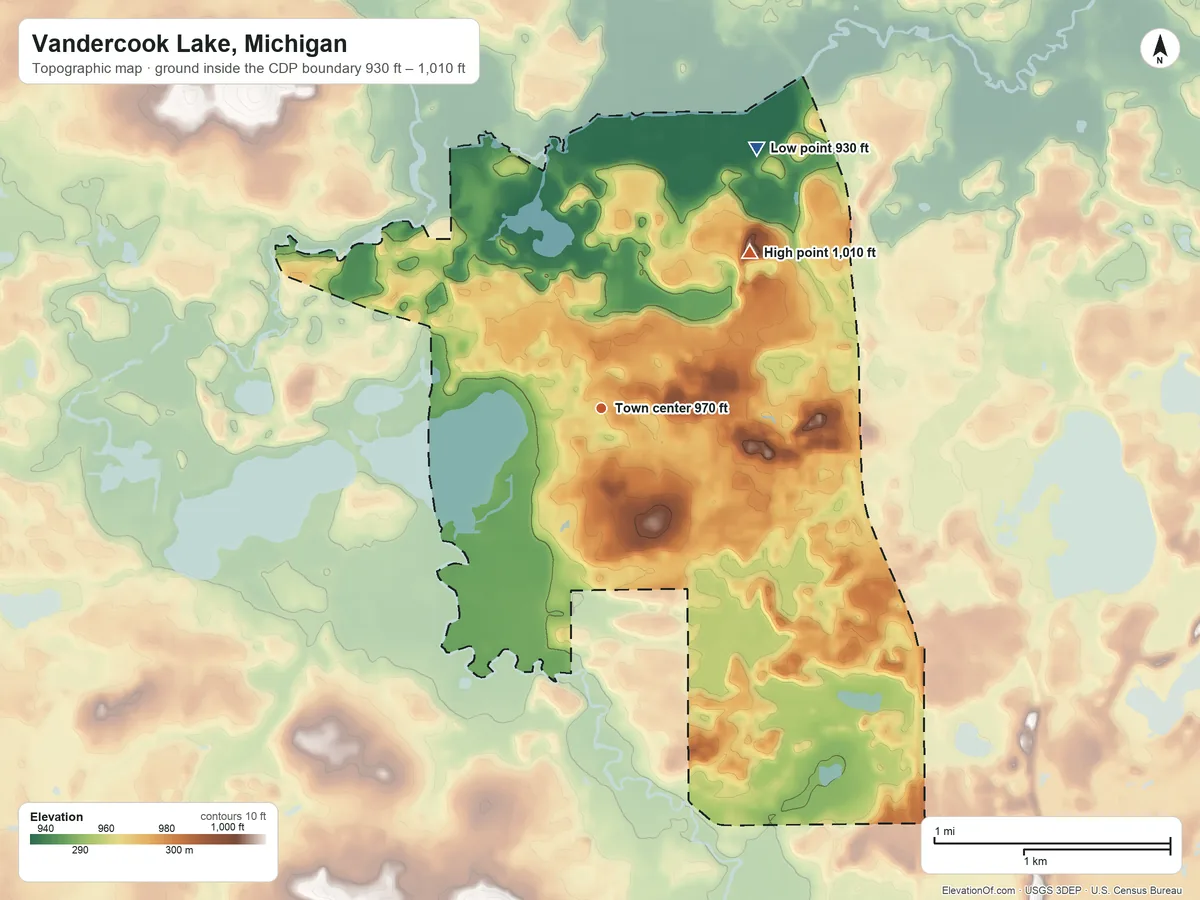 Topographic elevation map of Vandercook Lake, Michigan, shaded from 930 ft on the northeast side to 1,010 ft on the northeast side