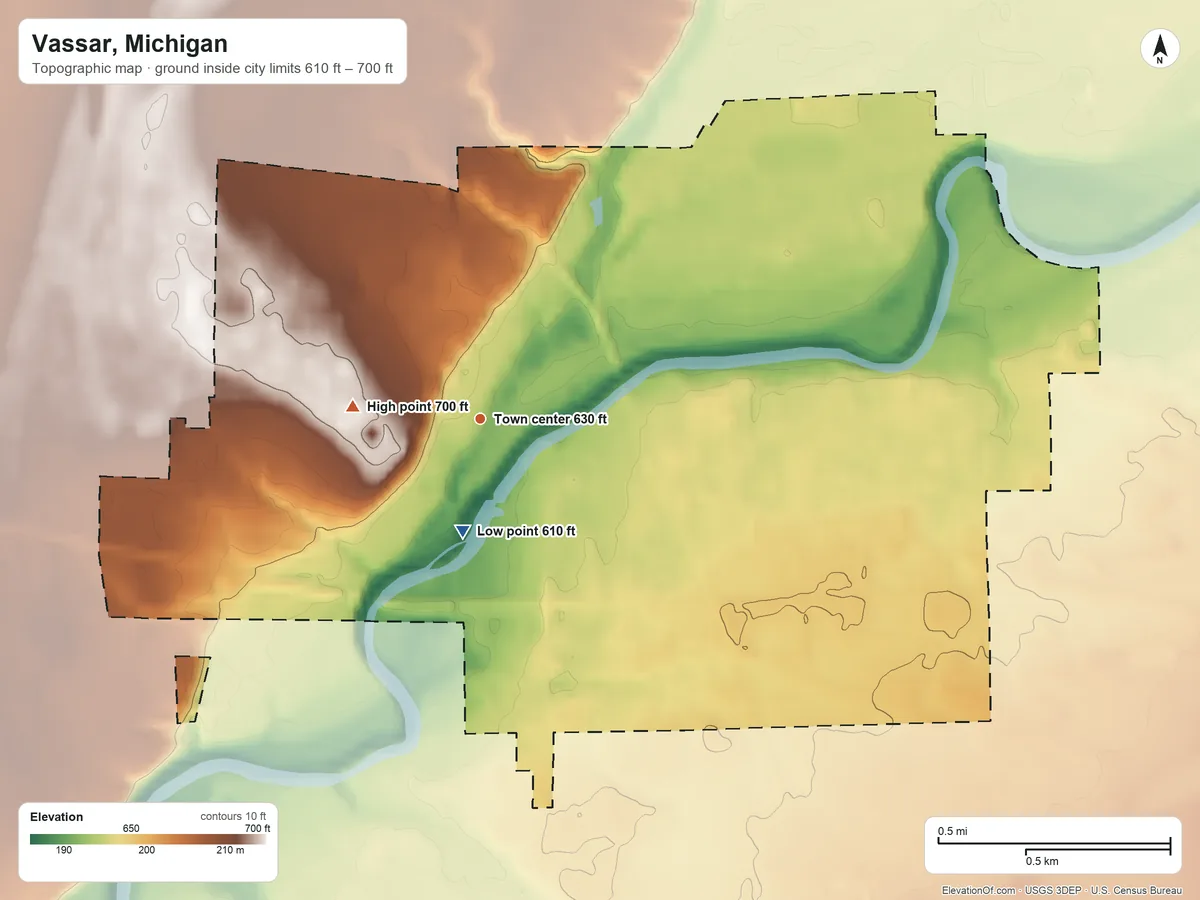Topographic elevation map of Vassar, Michigan, shaded from 610 ft near the middle to 700 ft on the west side