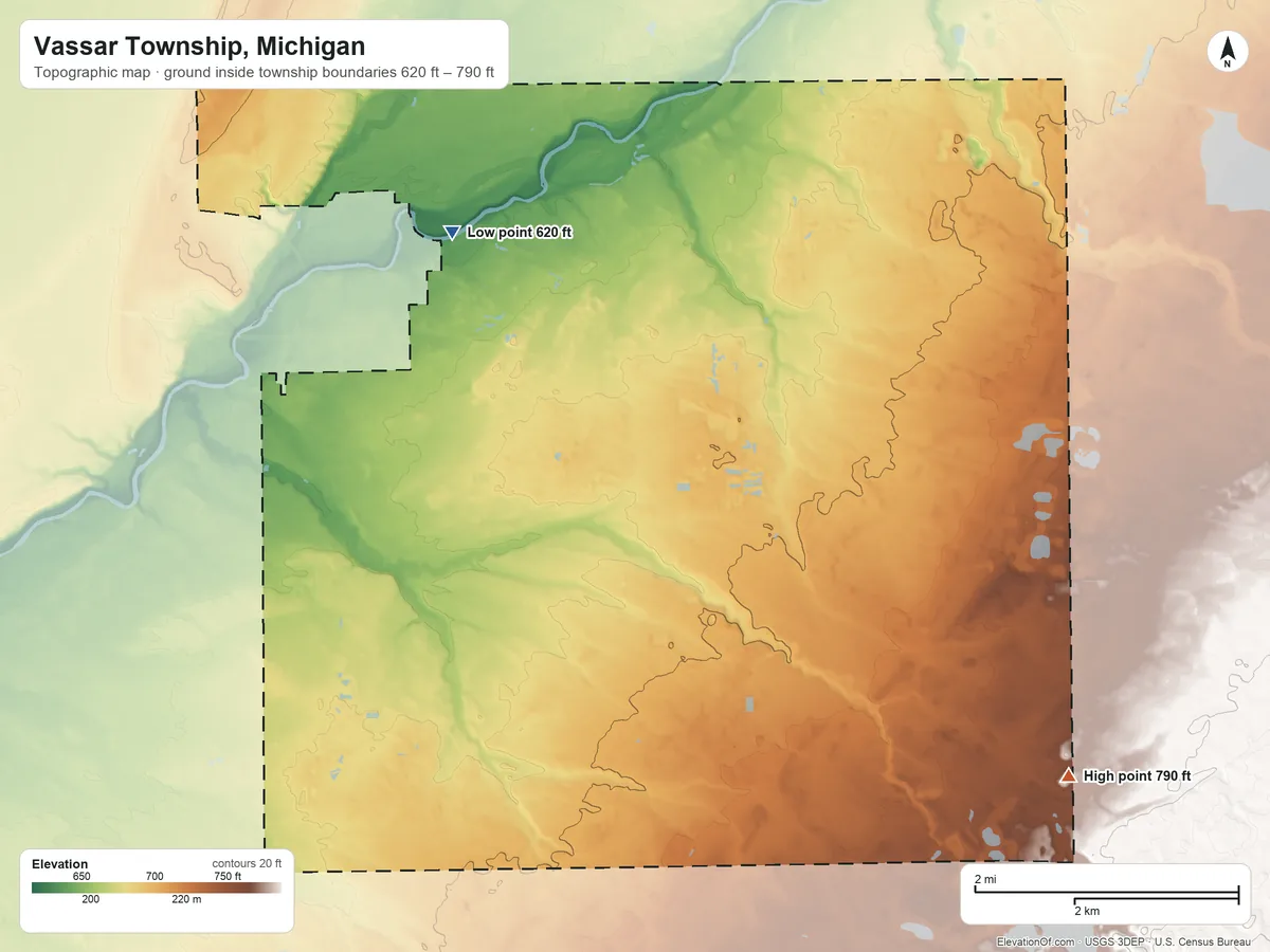 Topographic elevation map of Vassar Township, Michigan, shaded from 620 ft on the northwest side to 790 ft on the southeast side