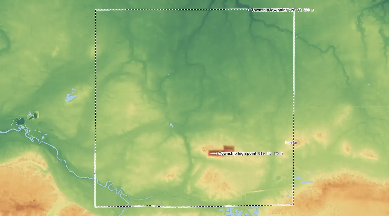 Topographic elevation map of Venice Township, Michigan, shaded from 720 ft on the north side to 910 ft on the south side