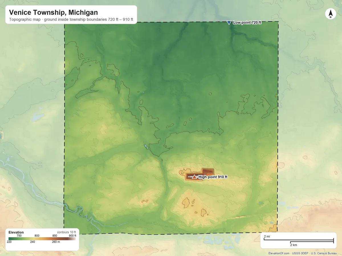 Topographic elevation map of Venice Township, Michigan, shaded from 720 ft on the north side to 910 ft on the south side