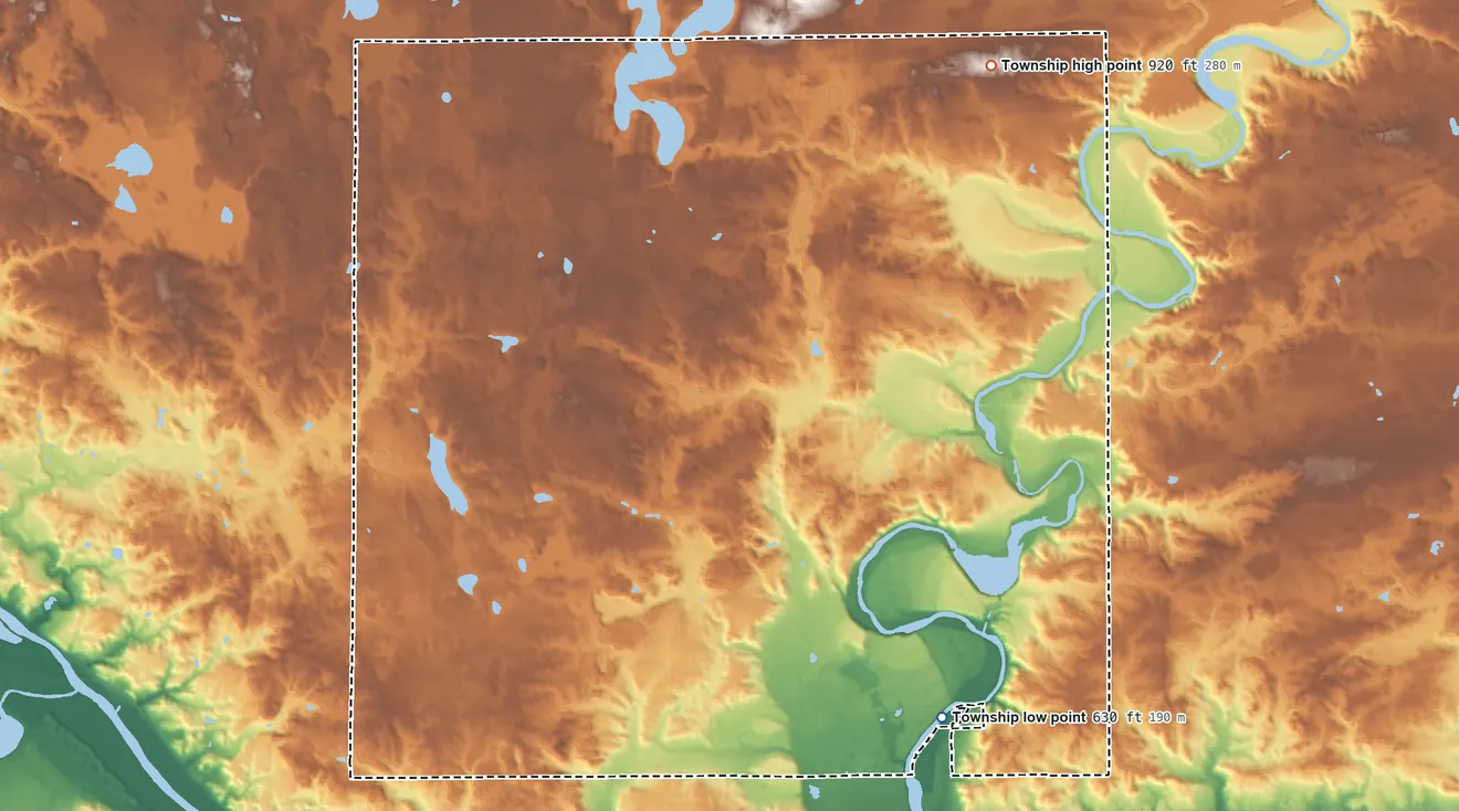 Topographic elevation map of Vergennes Township, Michigan, shaded from 630 ft on the southeast side to 920 ft on the northeast side