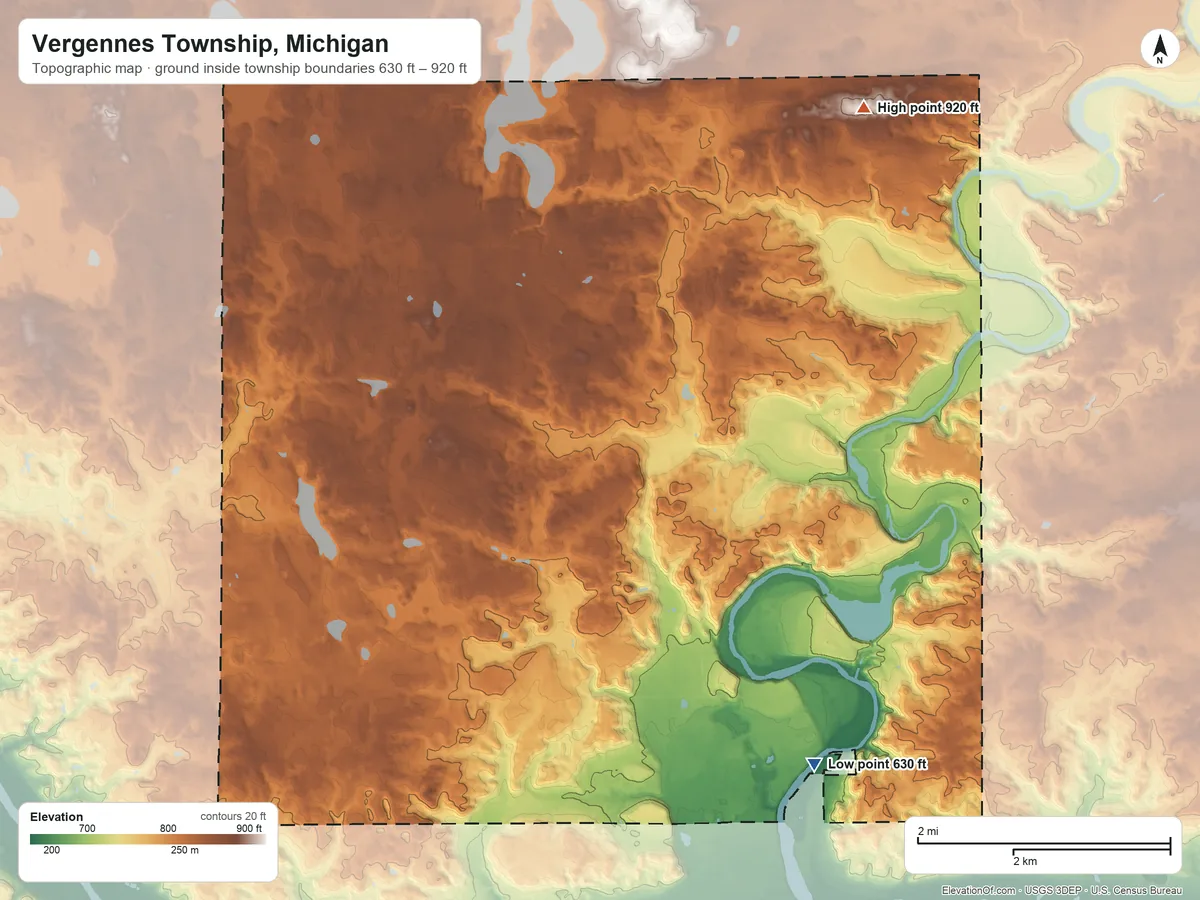 Topographic elevation map of Vergennes Township, Michigan, shaded from 630 ft on the southeast side to 920 ft on the northeast side