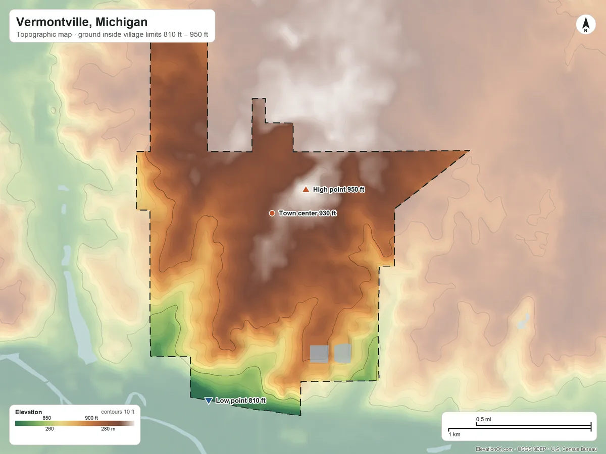 Topographic elevation map of Vermontville, Michigan, shaded from 810 ft on the south side to 950 ft near the middle