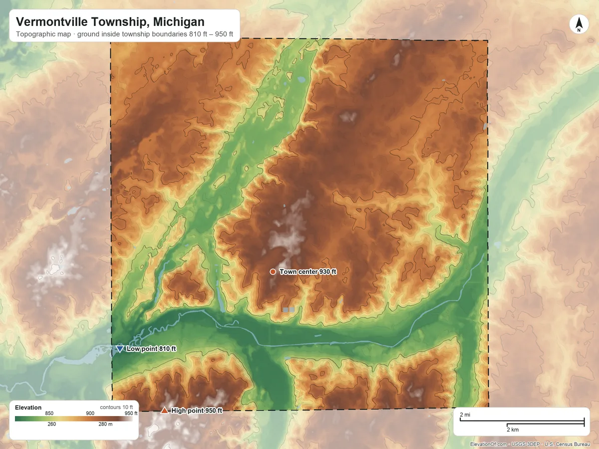 Topographic elevation map of Vermontville Township, Michigan, shaded from 810 ft on the southwest side to 950 ft on the southwest side