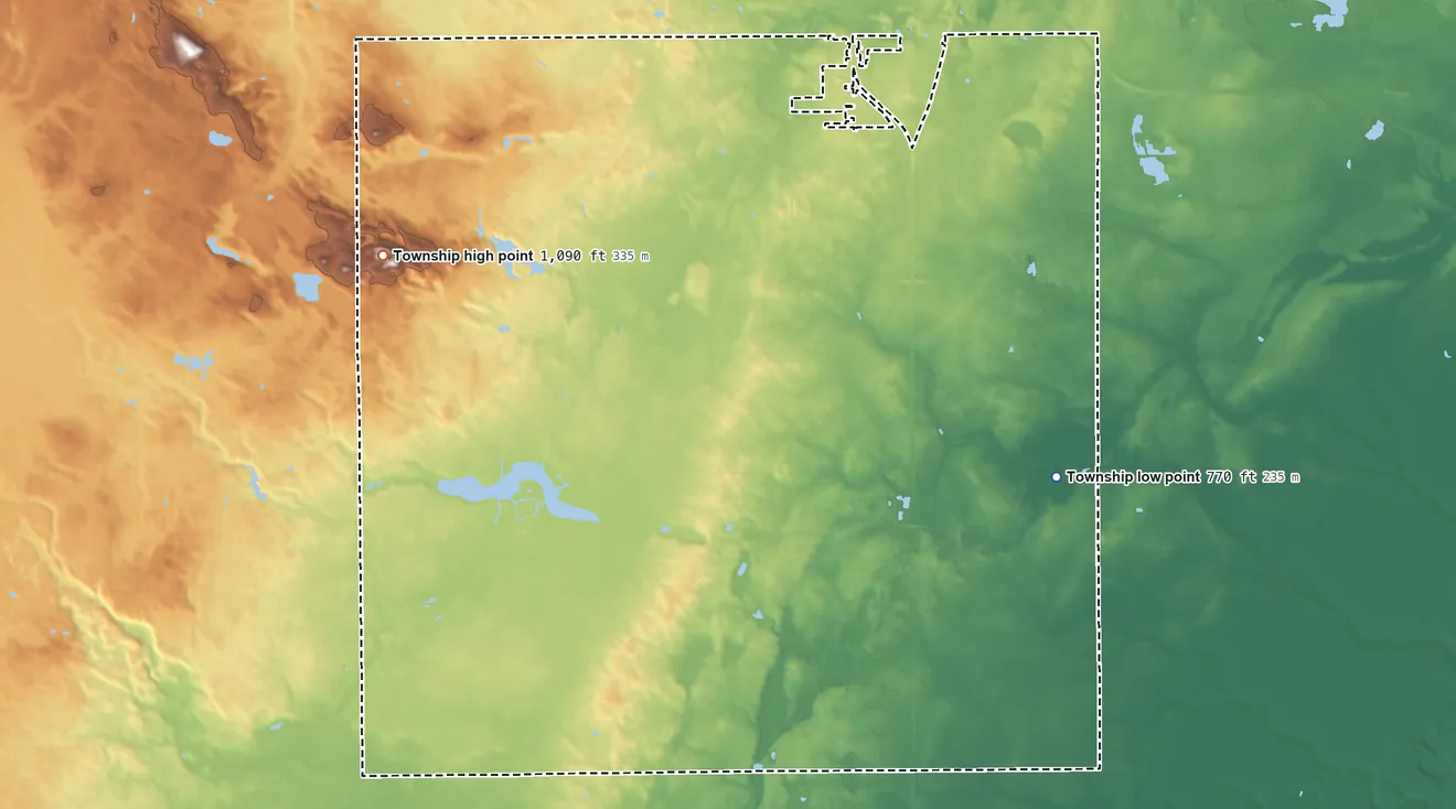 Topographic elevation map of Vernon Township, Isabella County, Michigan, shaded from 770 ft on the southeast side to 1,090 ft on the west side