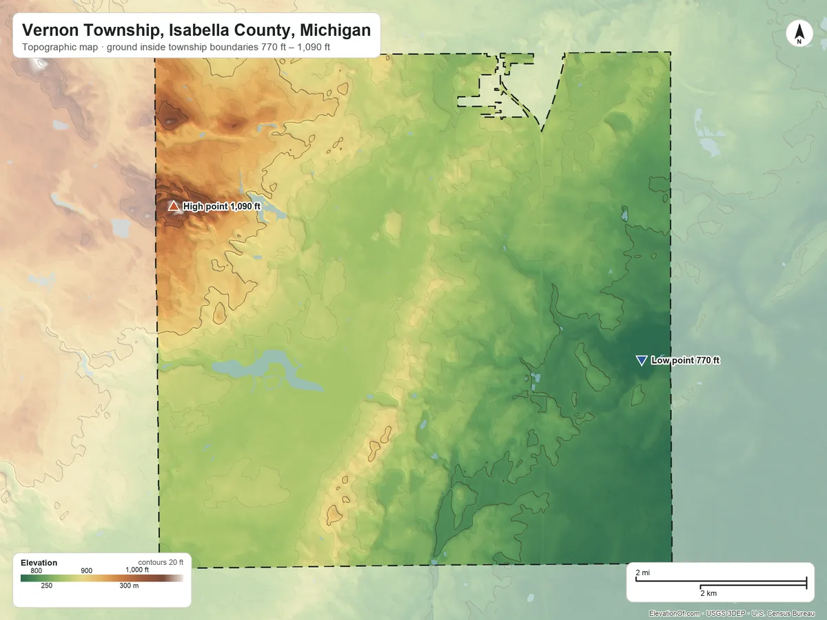 Topographic elevation map of Vernon Township, Isabella County, Michigan, shaded from 770 ft on the southeast side to 1,090 ft on the west side