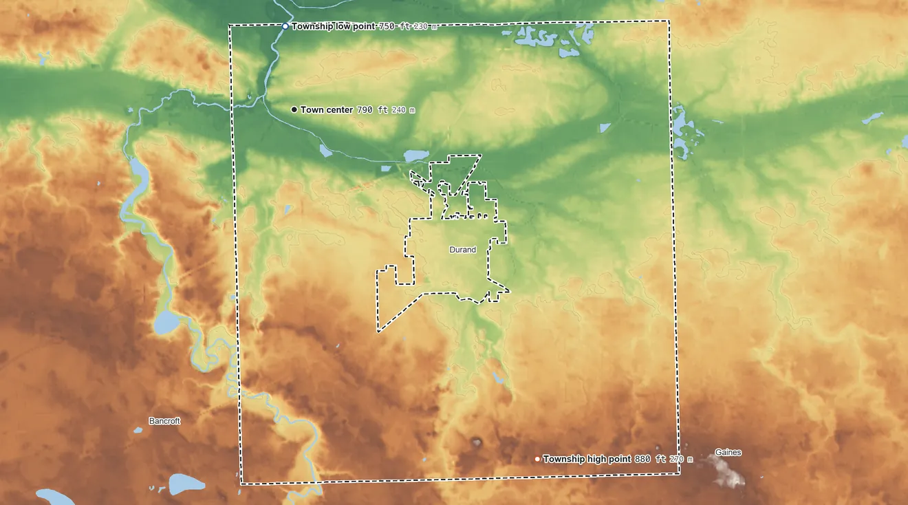 Topographic elevation map of Vernon Township, Michigan, shaded from 750 ft on the north side to 880 ft on the southeast side