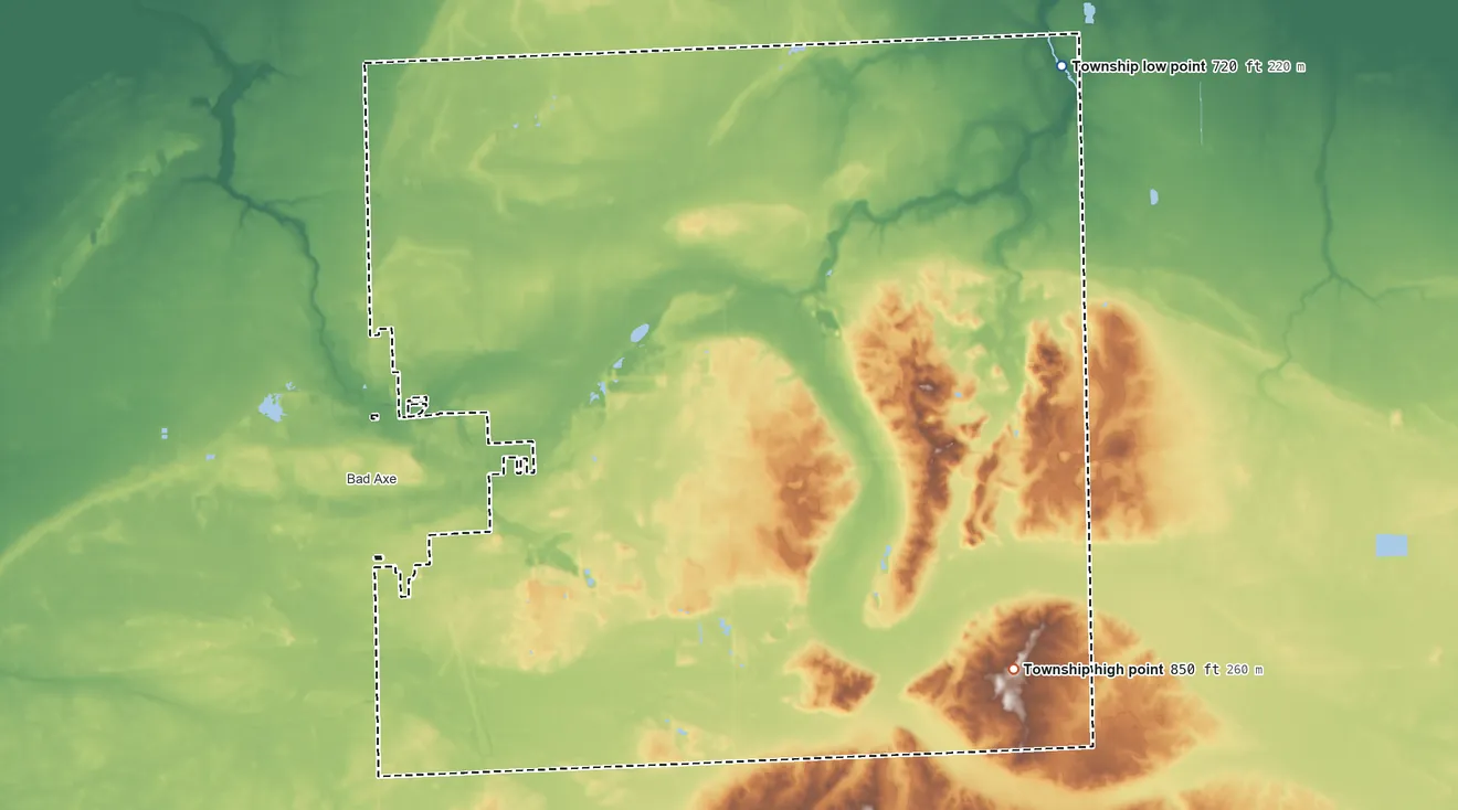 Topographic elevation map of Verona Township, Michigan, shaded from 720 ft on the northeast side to 850 ft on the southeast side