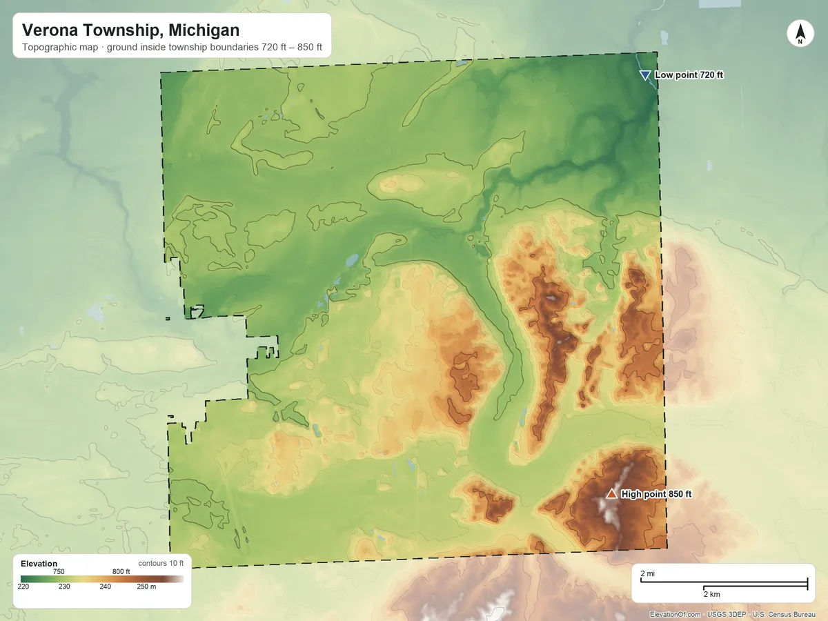 Topographic elevation map of Verona Township, Michigan, shaded from 720 ft on the northeast side to 850 ft on the southeast side