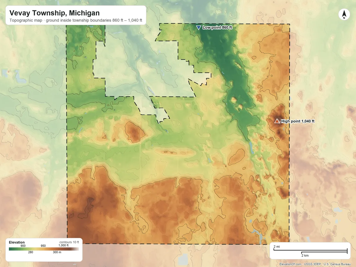 Topographic elevation map of Vevay Township, Michigan, shaded from 860 ft on the north side to 1,040 ft on the northeast side