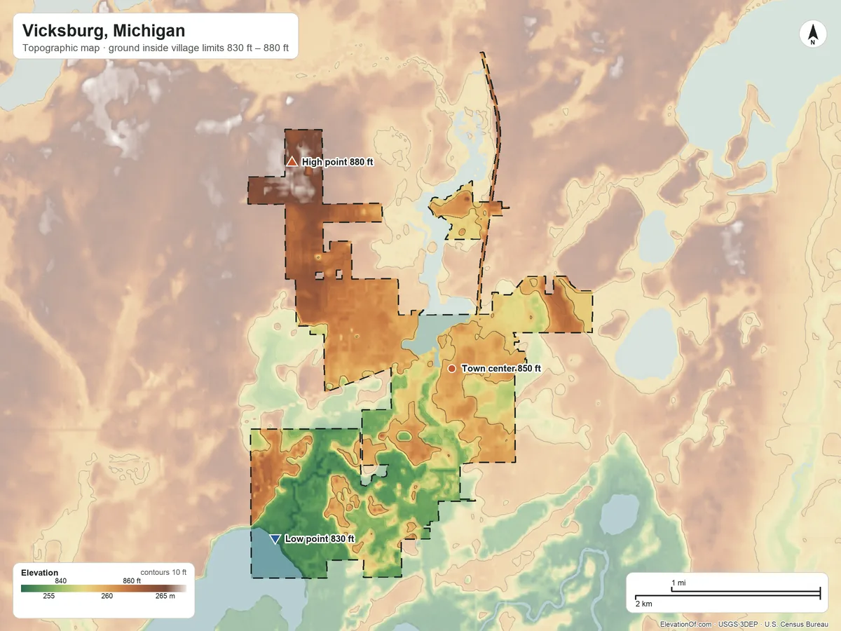 Topographic elevation map of Vicksburg, Michigan, shaded from 830 ft on the southwest side to 880 ft on the northwest side