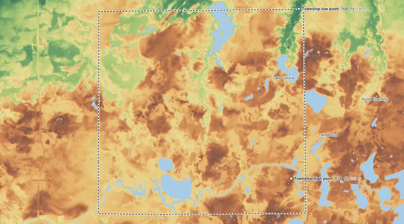 Topographic elevation map of Victor Township, Michigan, shaded from 760 ft on the northeast side to 870 ft on the southeast side