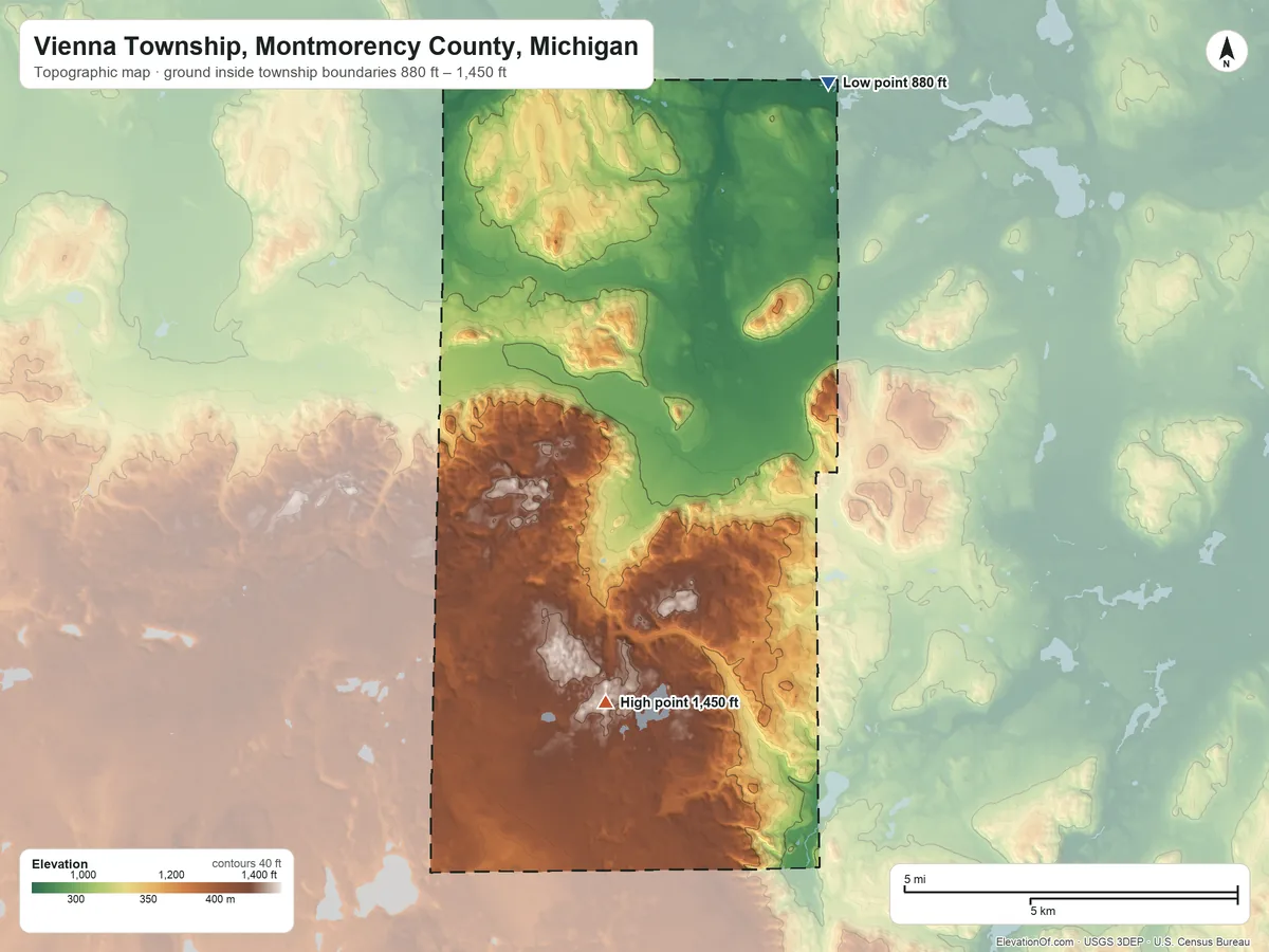 Topographic elevation map of Vienna Township, Montmorency County, Michigan, shaded from 880 ft on the north side to 1,450 ft near the middle