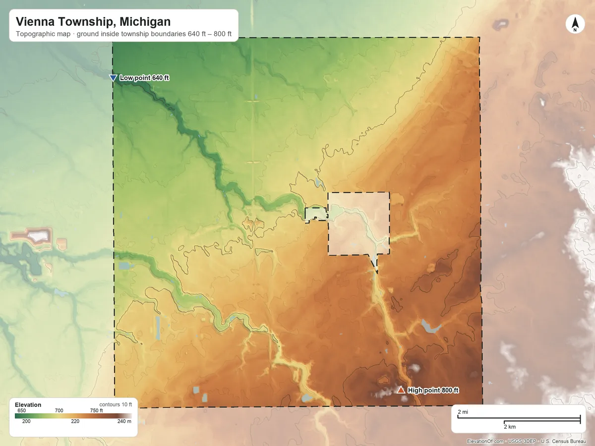 Topographic elevation map of Vienna Township, Michigan, shaded from 640 ft on the northwest side to 800 ft on the southeast side