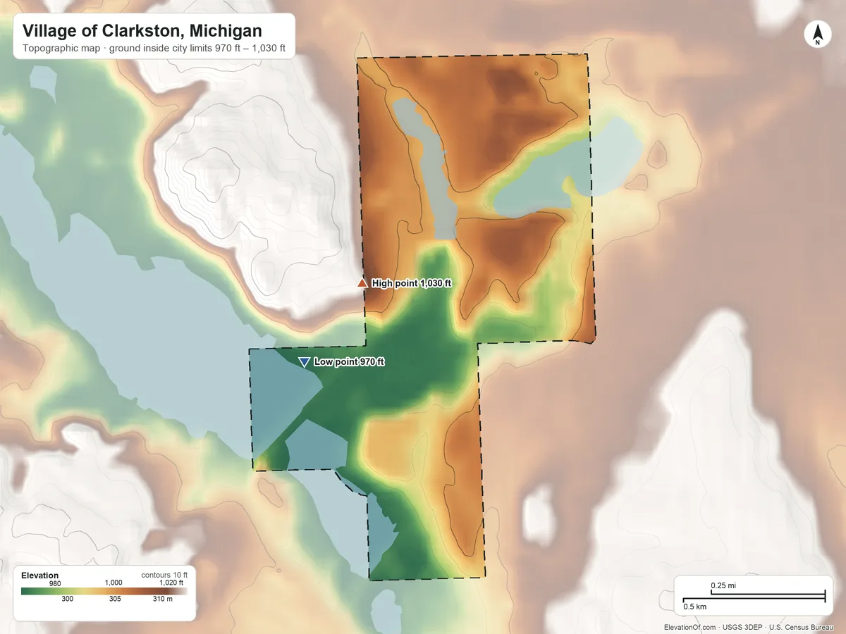 Topographic elevation map of Village of Clarkston, Michigan, shaded from 970 ft on the southwest side to 1,030 ft on the west side