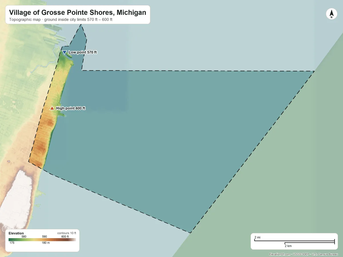 Topographic elevation map of Village of Grosse Pointe Shores, Michigan, shaded from 570 ft on the north side to 600 ft near the middle