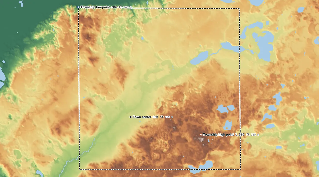 Topographic elevation map of Volinia Township, Michigan, shaded from 780 ft on the northwest side to 1,030 ft on the east side