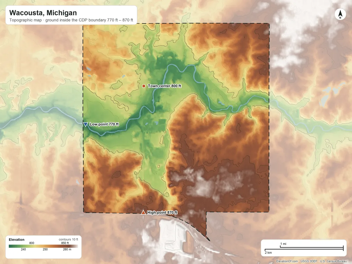Topographic elevation map of Wacousta, Michigan, shaded from 770 ft on the southwest side to 870 ft on the south side