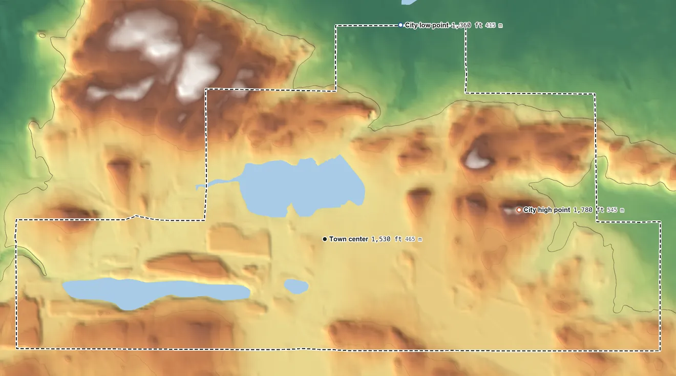 Topographic elevation map of Wakefield, Michigan, shaded from 1,360 ft on the north side to 1,780 ft on the east side