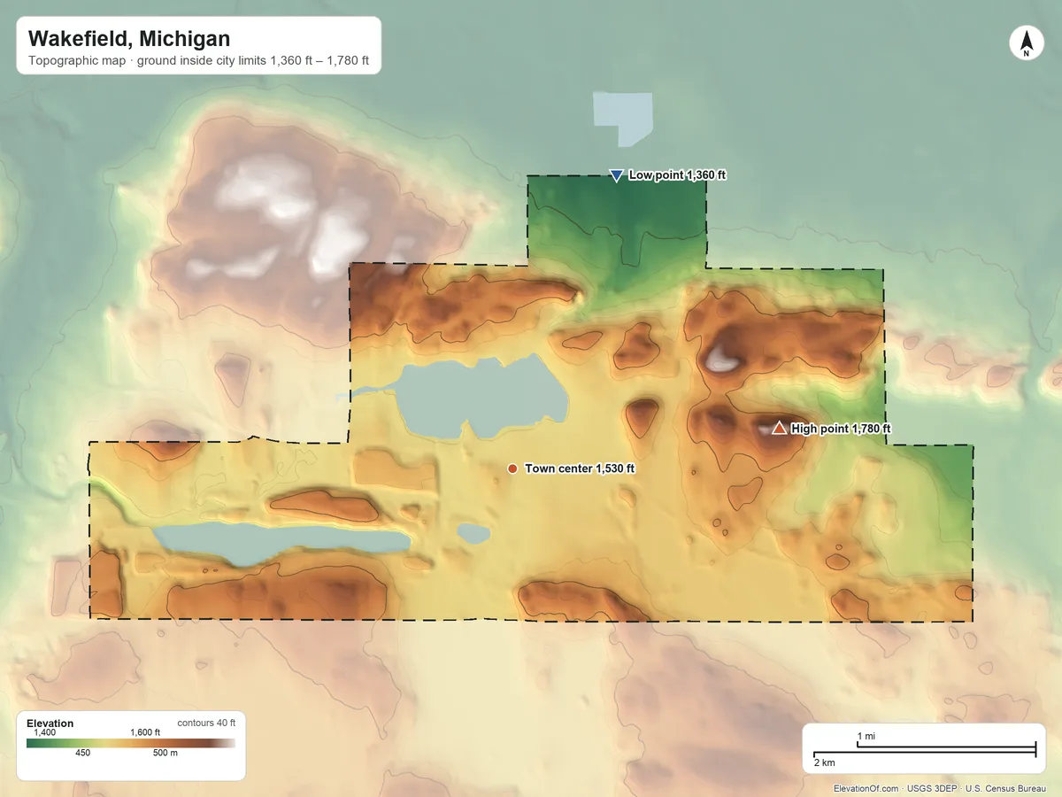 Topographic elevation map of Wakefield, Michigan, shaded from 1,360 ft on the north side to 1,780 ft on the east side
