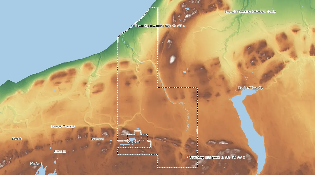 Topographic elevation map of Wakefield Township, Michigan, shaded from 600 ft on the north side to 1,810 ft on Wolf Mountain