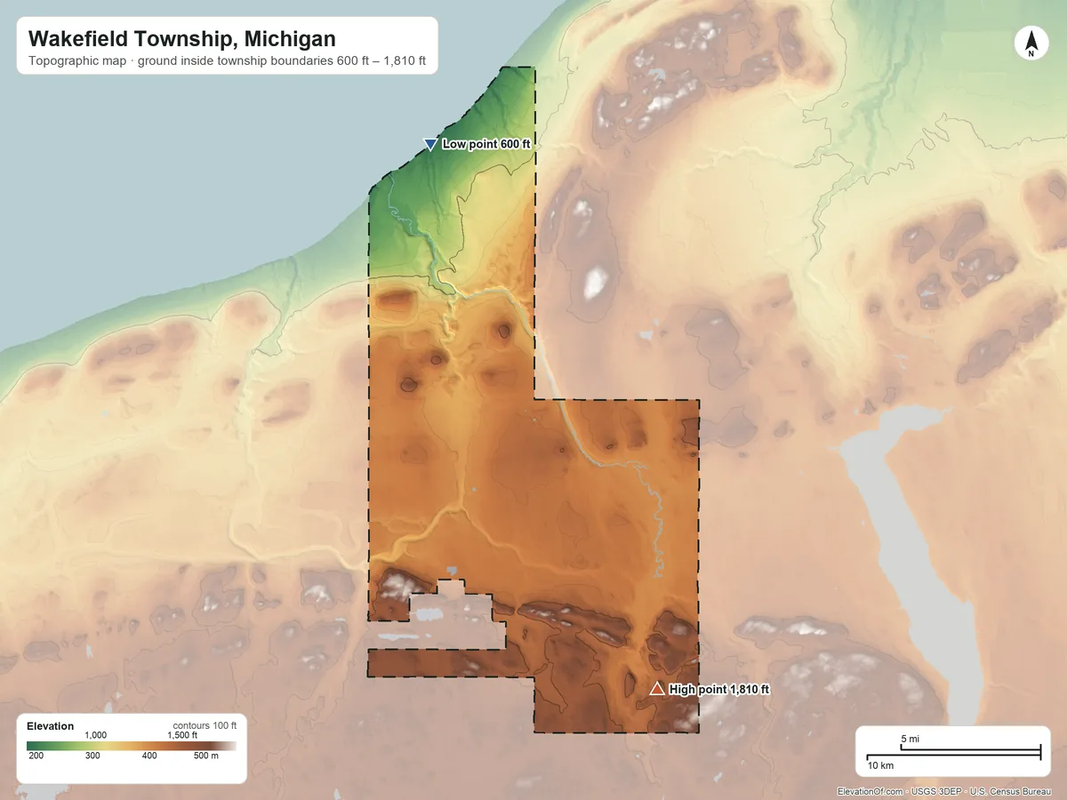 Topographic elevation map of Wakefield Township, Michigan, shaded from 600 ft on the north side to 1,810 ft on Wolf Mountain
