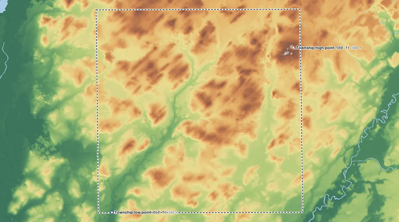 Topographic elevation map of Wakeshma Township, Michigan, shaded from 860 ft on the southwest side to 980 ft on the northeast side