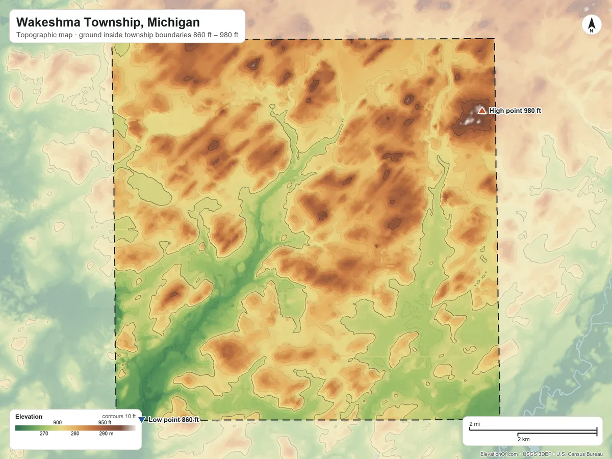 Topographic elevation map of Wakeshma Township, Michigan, shaded from 860 ft on the southwest side to 980 ft on the northeast side