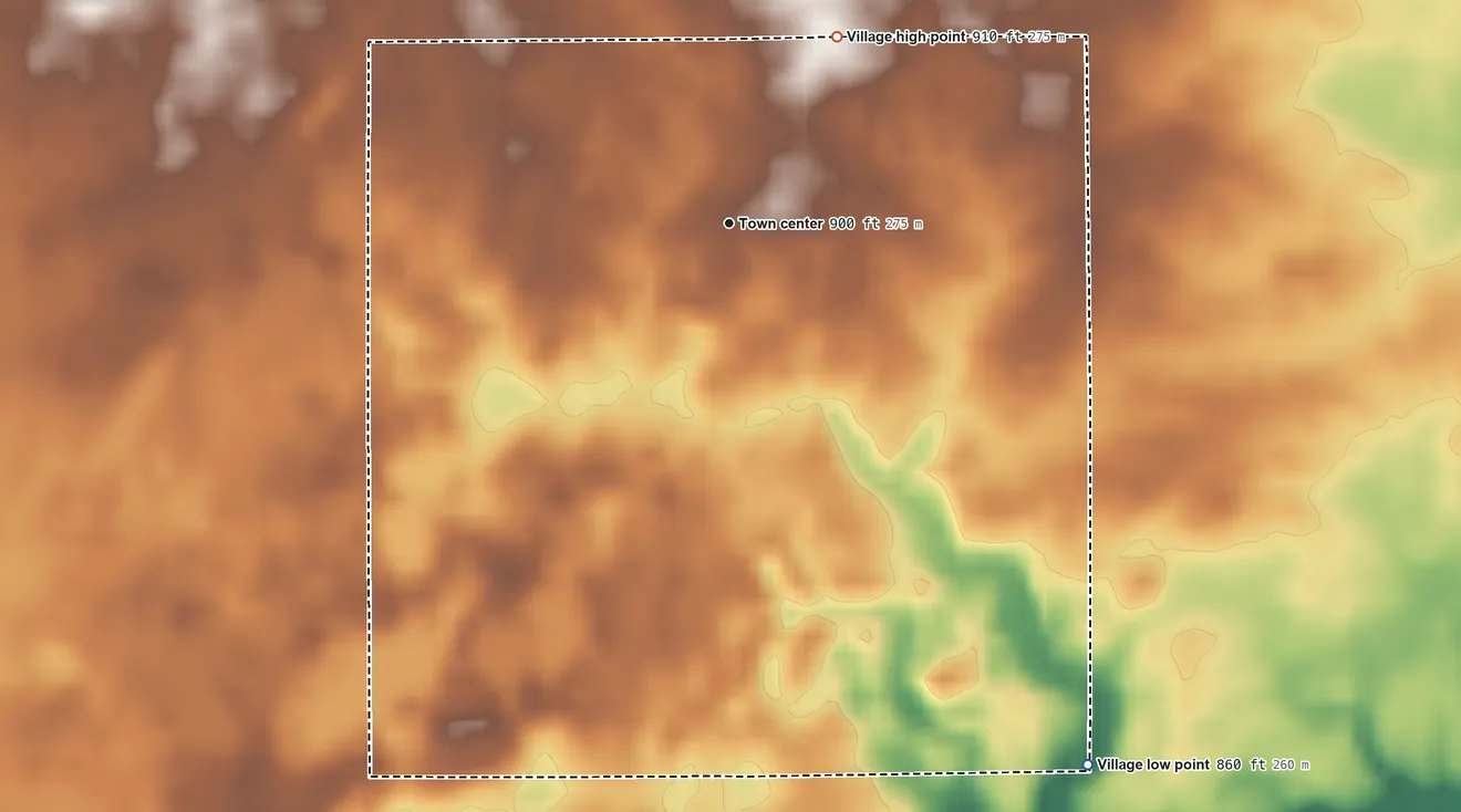 Topographic elevation map of Waldron, Michigan, shaded from 860 ft on the southeast side to 910 ft on the northeast side