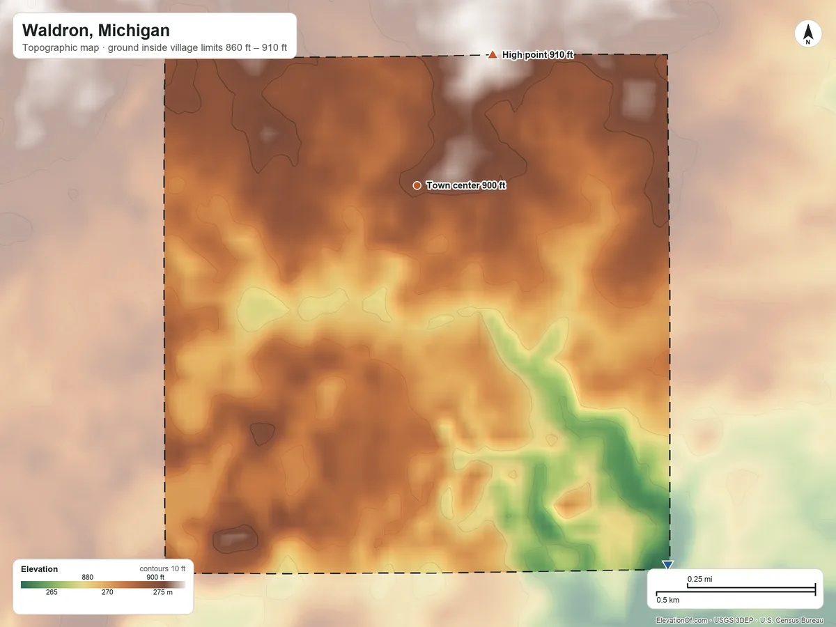 Topographic elevation map of Waldron, Michigan, shaded from 860 ft on the southeast side to 910 ft on the northeast side