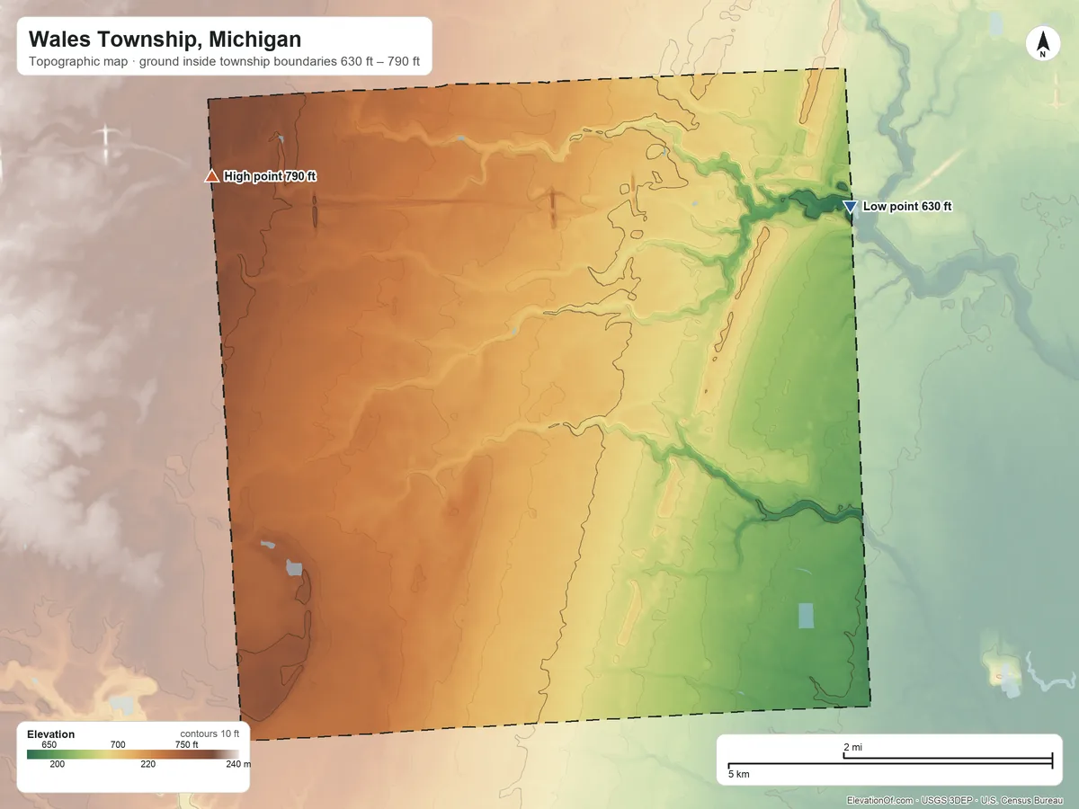 Topographic elevation map of Wales Township, Michigan, shaded from 630 ft on the northeast side to 790 ft on the northwest side