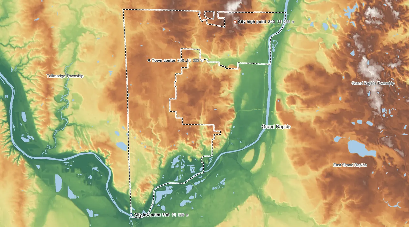 Topographic elevation map of Walker, Michigan, shaded from 590 ft on the south side to 840 ft on the northeast side