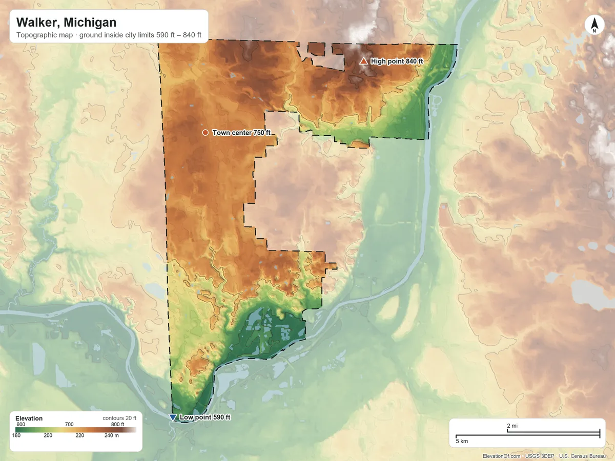 Topographic elevation map of Walker, Michigan, shaded from 590 ft on the south side to 840 ft on the northeast side