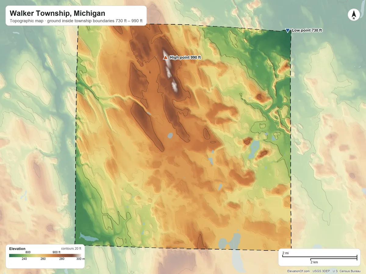 Topographic elevation map of Walker Township, Michigan, shaded from 730 ft on the northeast side to 990 ft on the north side