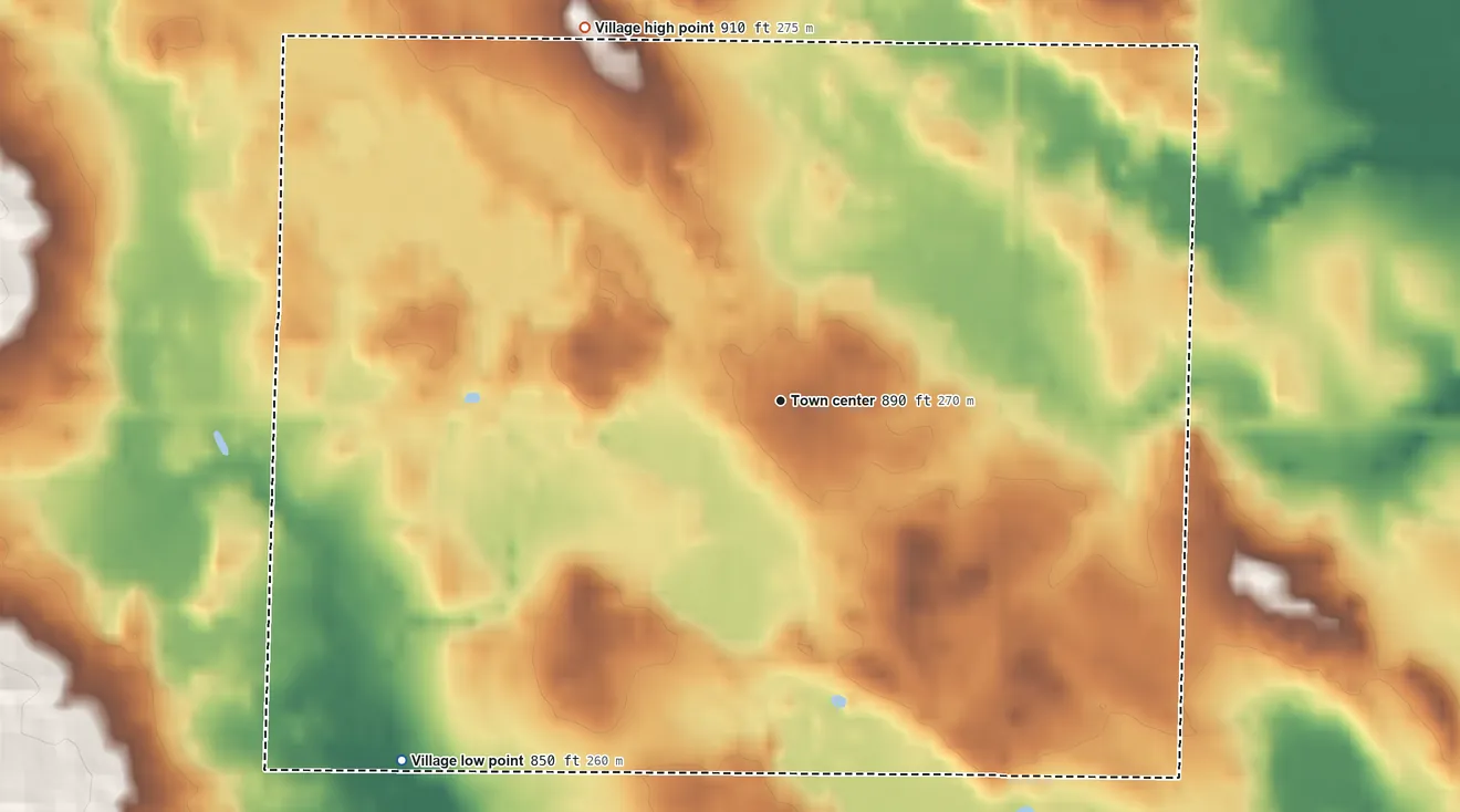 Topographic elevation map of Walkerville, Michigan, shaded from 850 ft on the southwest side to 910 ft on the northwest side