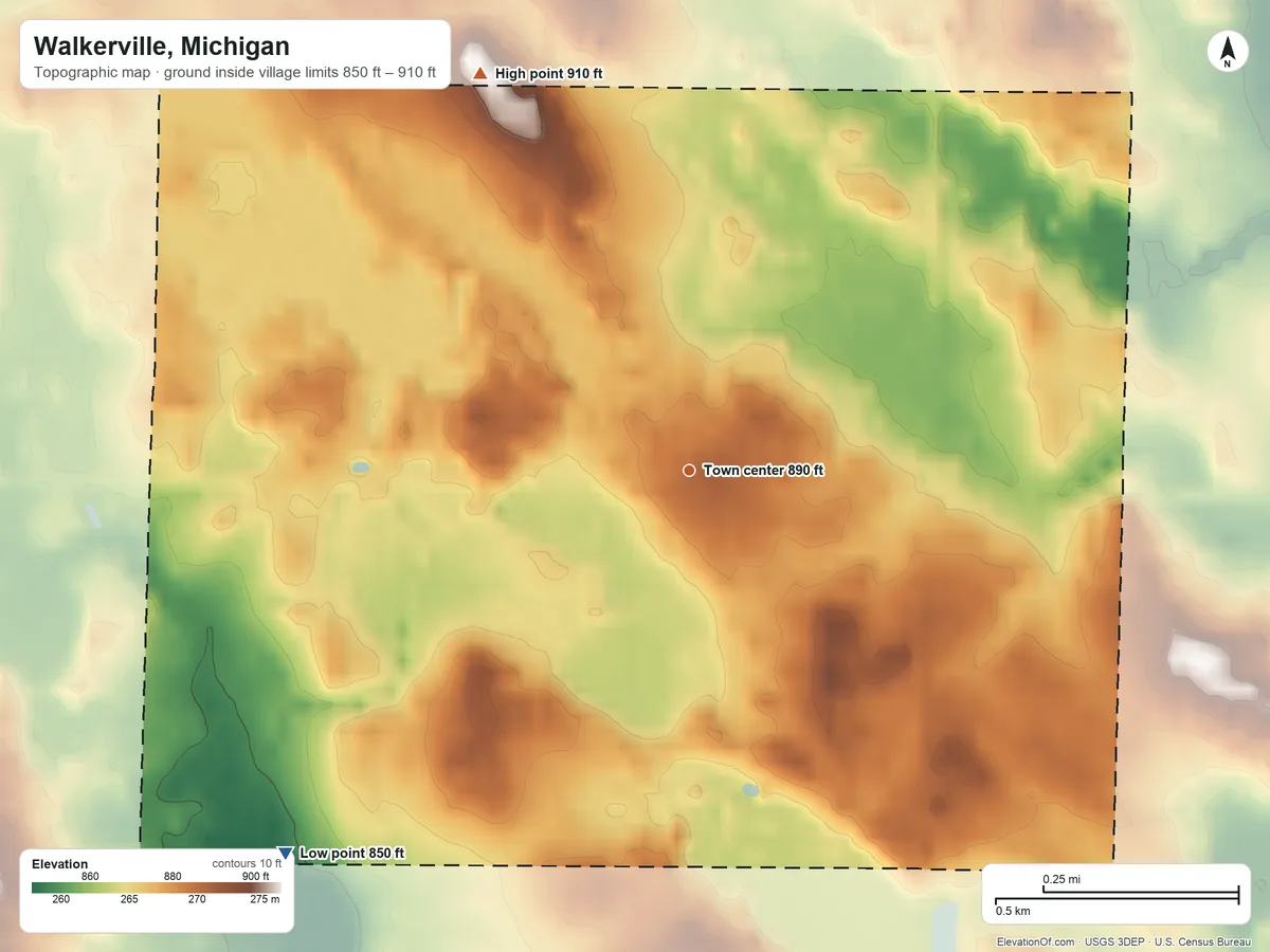 Topographic elevation map of Walkerville, Michigan, shaded from 850 ft on the southwest side to 910 ft on the northwest side