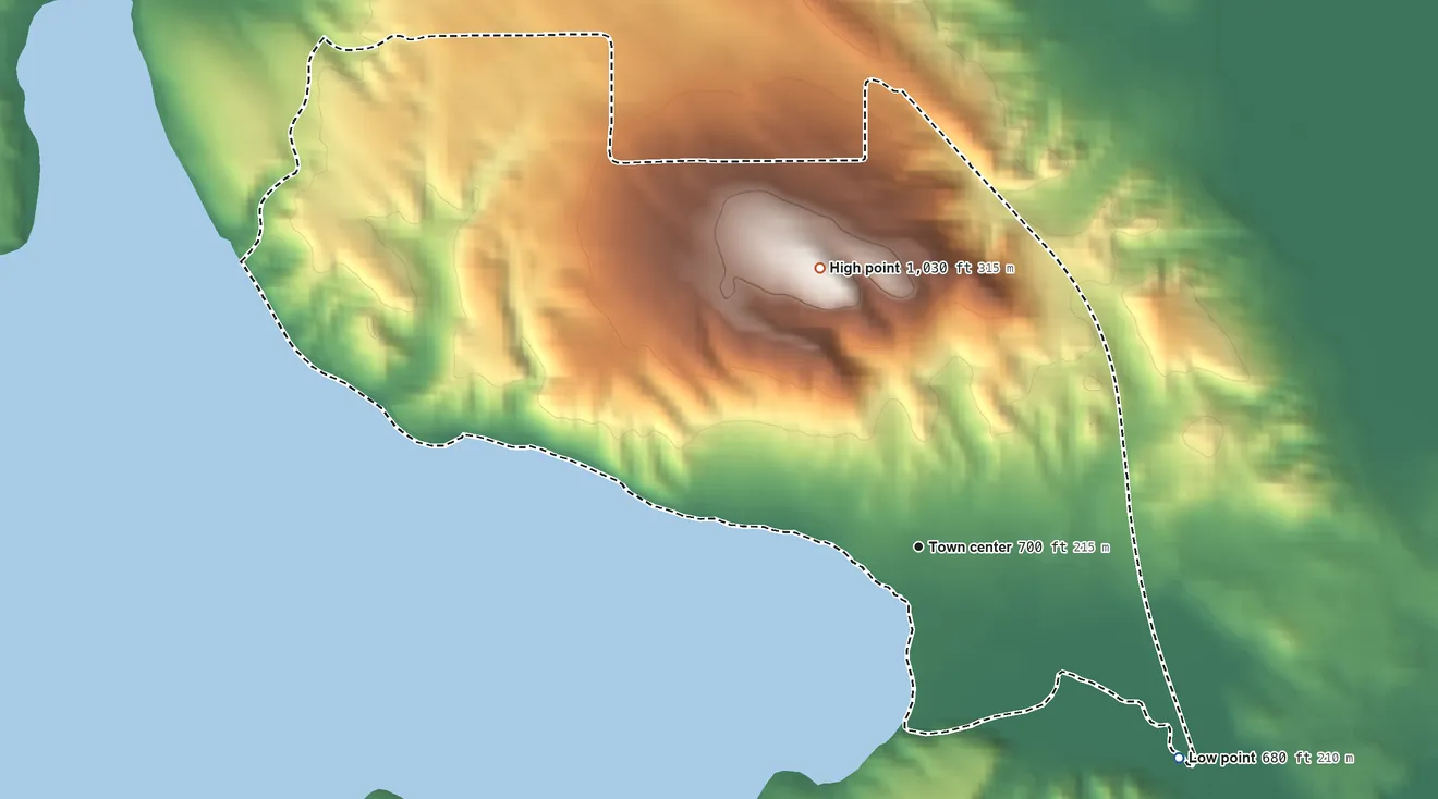 Topographic elevation map of Walloon Lake, Michigan, shaded from 680 ft on the southeast side to 1,030 ft on the north side