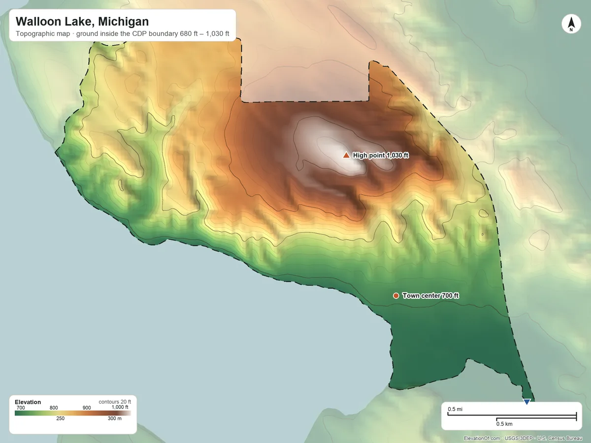 Topographic elevation map of Walloon Lake, Michigan, shaded from 680 ft on the southeast side to 1,030 ft on the north side
