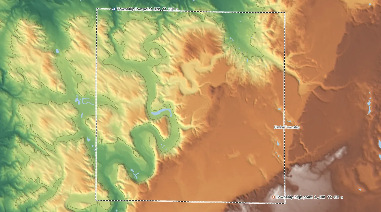 Topographic elevation map of Warner Township, Michigan, shaded from 820 ft on the northwest side to 1,480 ft on the southeast side