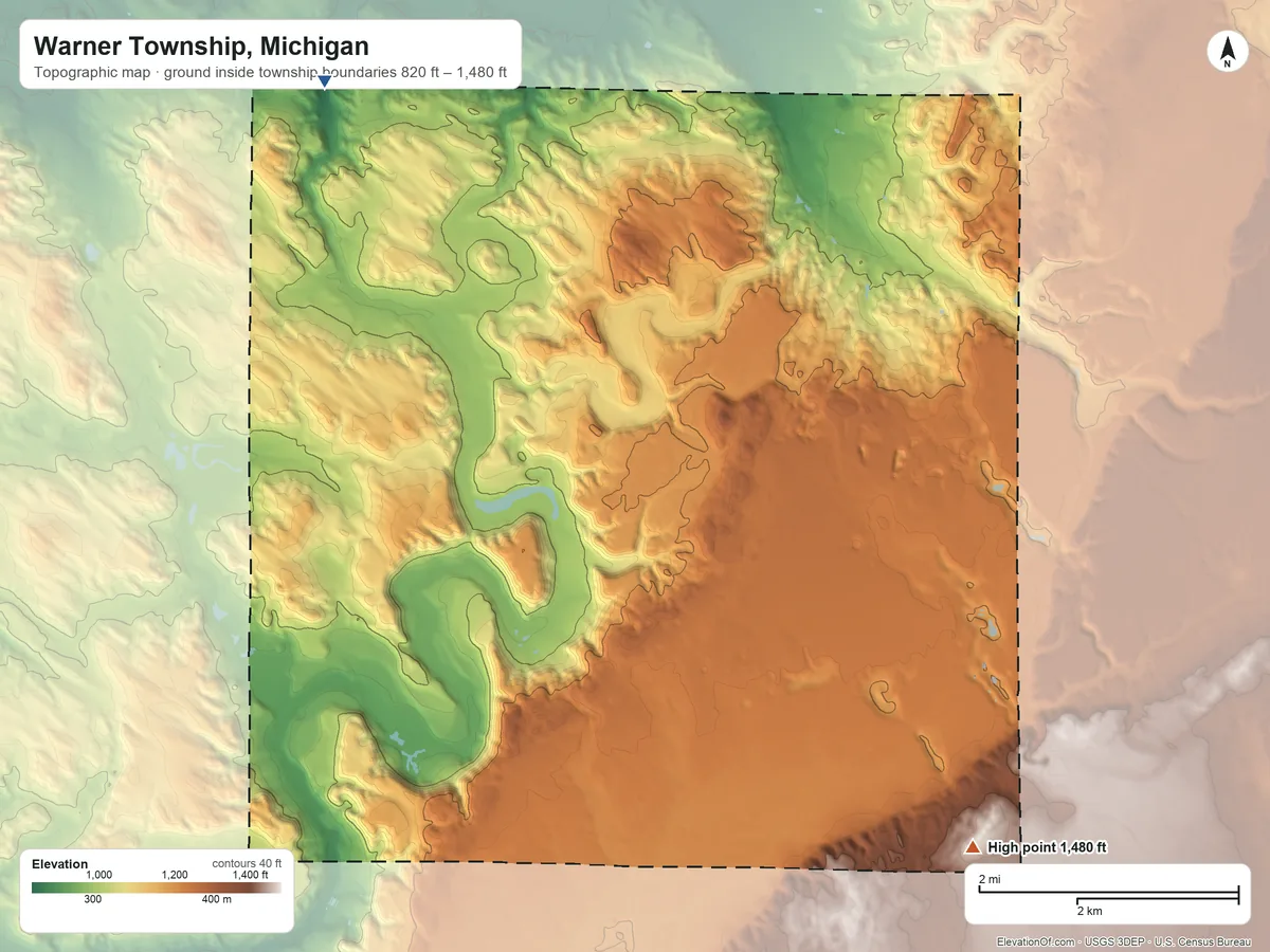 Topographic elevation map of Warner Township, Michigan, shaded from 820 ft on the northwest side to 1,480 ft on the southeast side