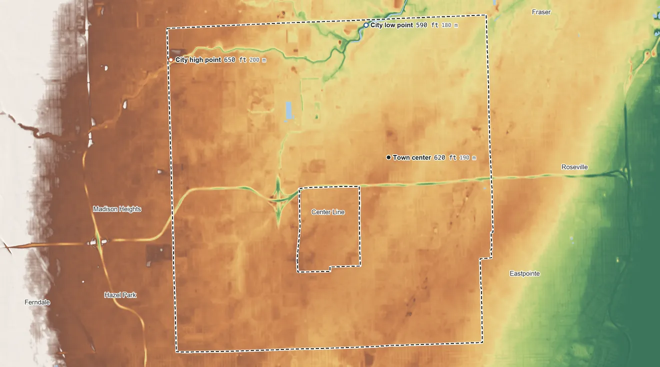 Topographic elevation map of Warren, Michigan, shaded from 590 ft on the north side to 650 ft on the northwest side