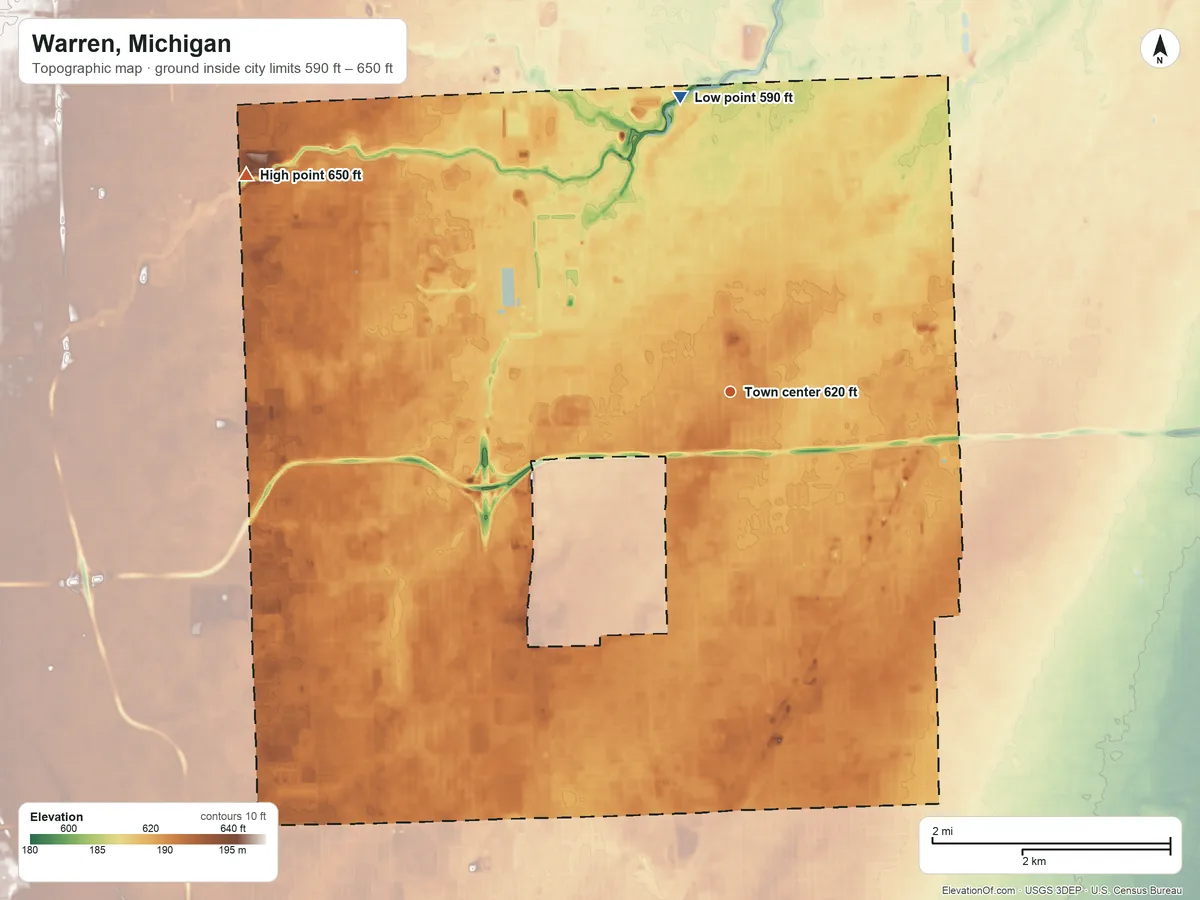 Topographic elevation map of Warren, Michigan, shaded from 590 ft on the north side to 650 ft on the northwest side