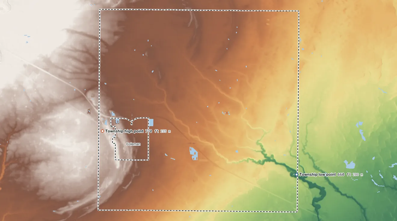 Topographic elevation map of Warren Township, Michigan, shaded from 660 ft on the southeast side to 770 ft on the west side