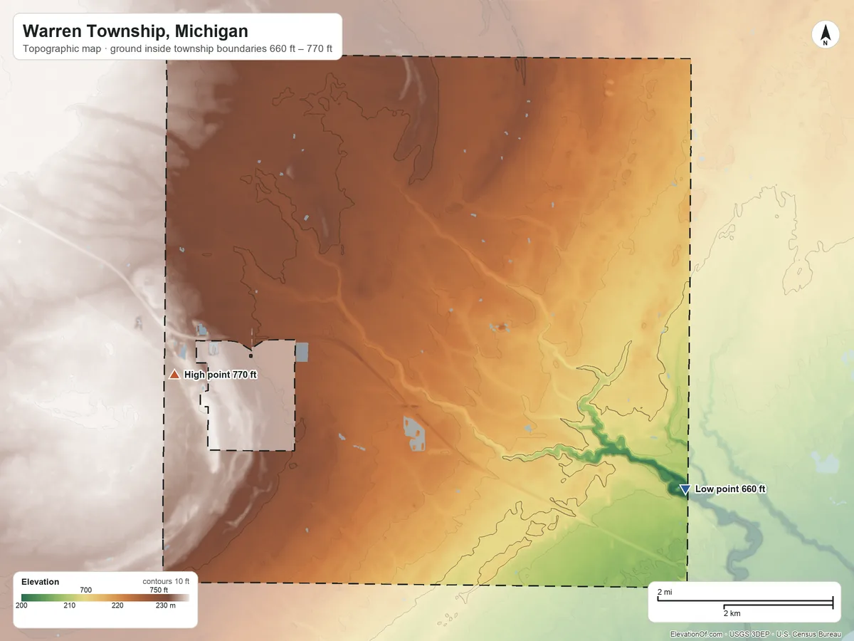 Topographic elevation map of Warren Township, Michigan, shaded from 660 ft on the southeast side to 770 ft on the west side