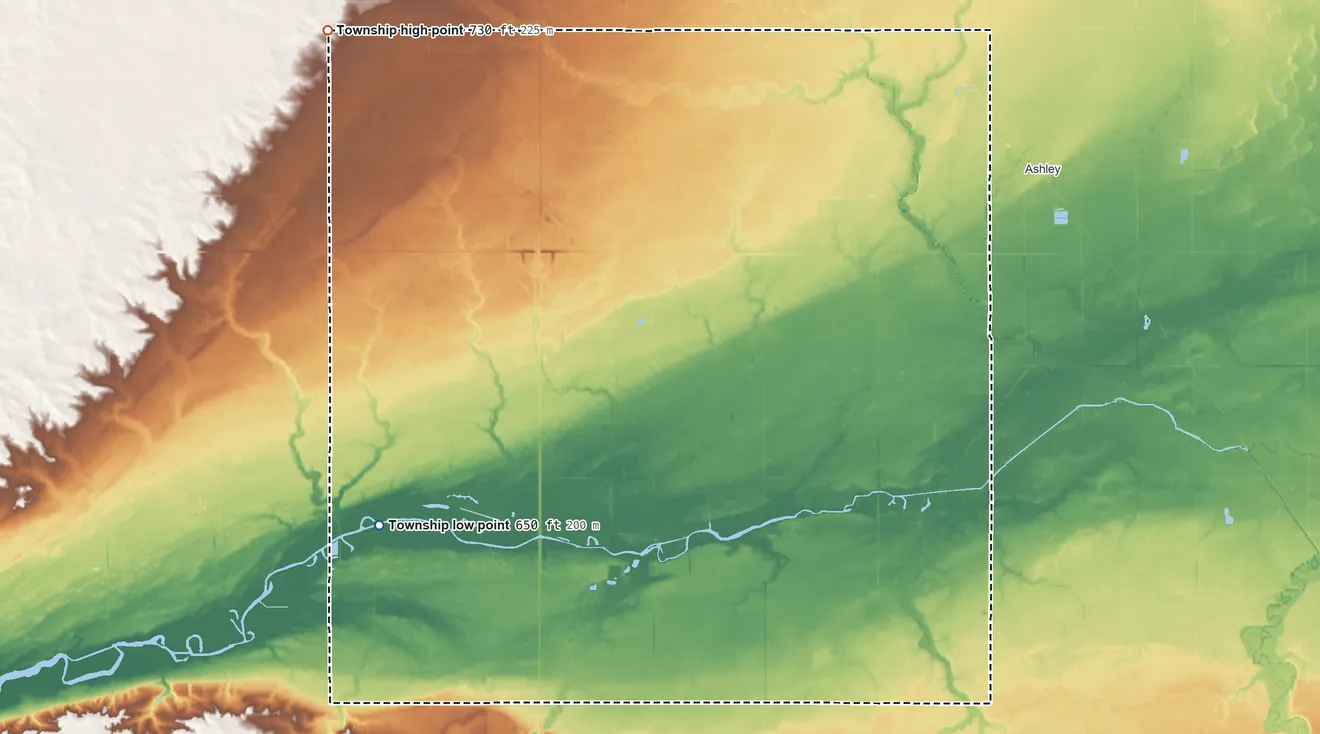 Topographic elevation map of Washington Township, Gratiot County, Michigan, shaded from 650 ft on the southwest side to 730 ft on the northwest side