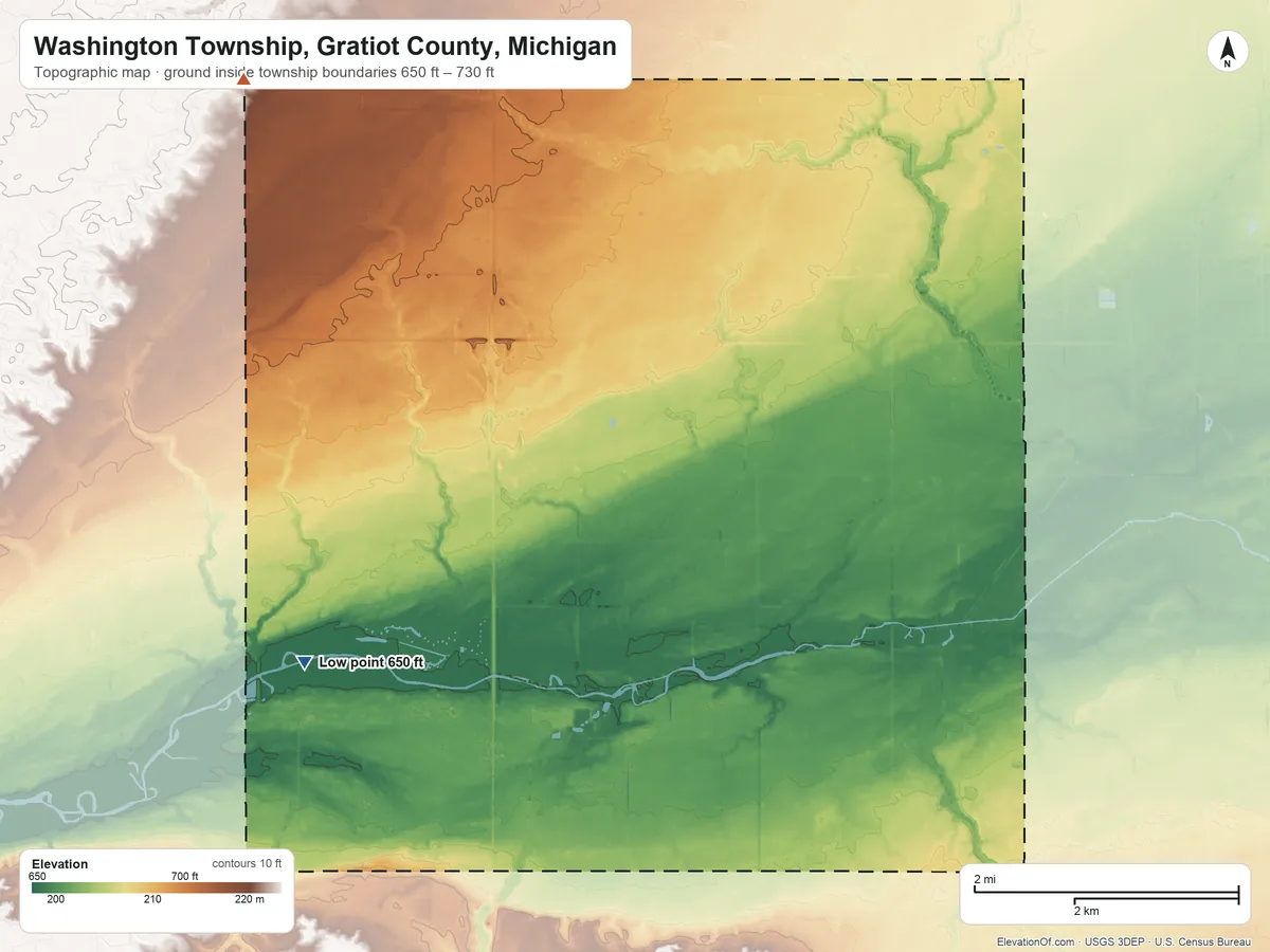 Topographic elevation map of Washington Township, Gratiot County, Michigan, shaded from 650 ft on the southwest side to 730 ft on the northwest side