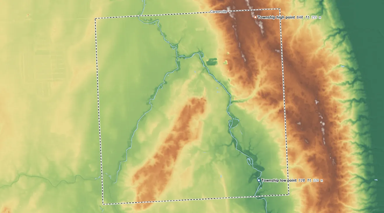 Topographic elevation map of Washington Township, Sanilac County, Michigan, shaded from 720 ft on the southeast side to 840 ft on the northeast side